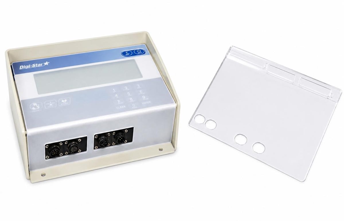 BULLTECN acrylic guard next to a Digi-Star weighing indicator, with cut-outs exposing only the selected buttons